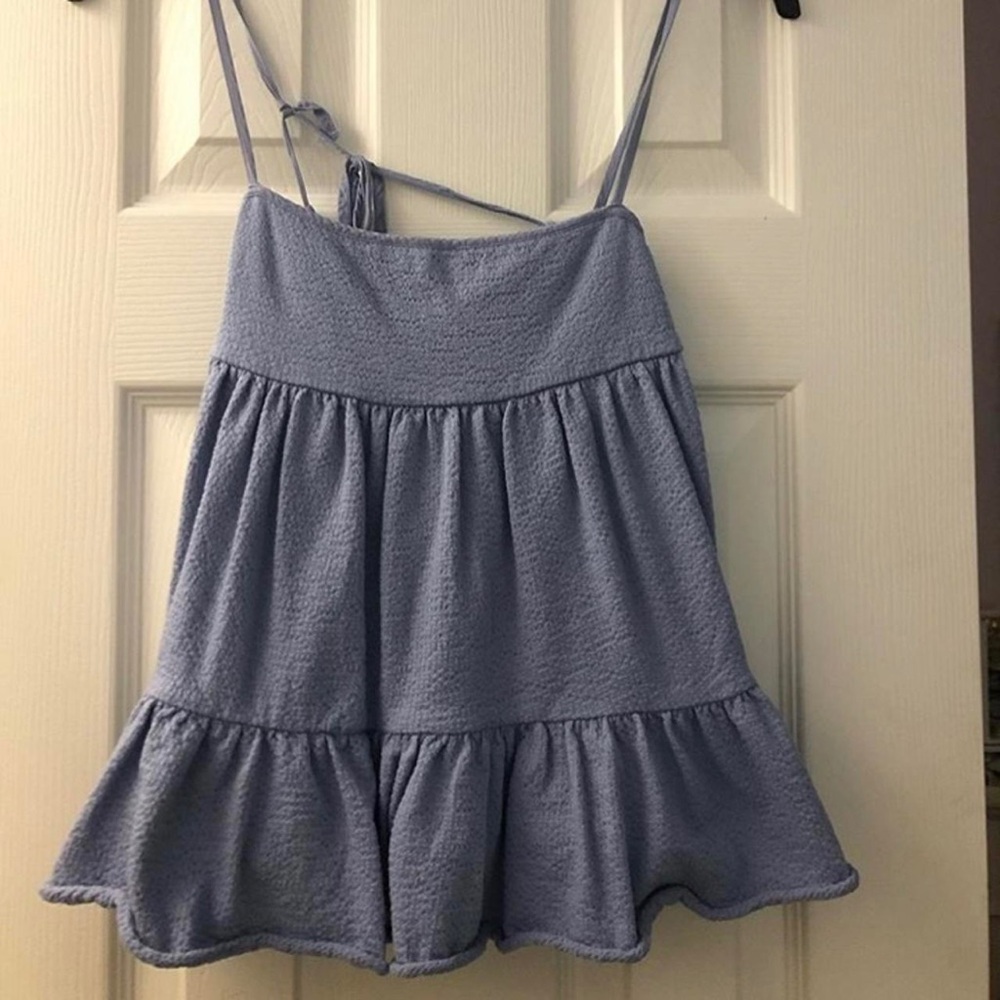 Light Blue Ribbed Babydoll Ruffle Tank Top